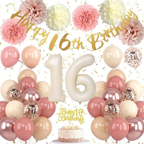 16th Birthday Decorations Retro Blush Pink Sweet 16 Girls Birthday Balloons Happy 16th Banner Cake Toppers Rose Gold Number 1 6 Balloon Pom Poms for 16 Year Old Bday Party Decoration Supplies in Saudi Arabia
