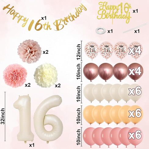 16th Birthday Decorations Retro Blush Pink Sweet 16 Girls Birthday Balloons Happy 16th Banner Cake Toppers Rose Gold Number 1 6 Balloon Pom Poms for 16 Year Old Bday Party Decoration Supplies in Saudi Arabia