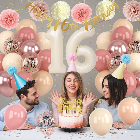 16th Birthday Decorations Retro Blush Pink Sweet 16 Girls Birthday Balloons Happy 16th Banner Cake Toppers Rose Gold Number 1 6 Balloon Pom Poms for 16 Year Old Bday Party Decoration Supplies in Saudi Arabia