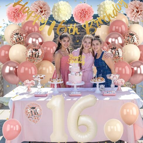 16th Birthday Decorations Retro Blush Pink Sweet 16 Girls Birthday Balloons Happy 16th Banner Cake Toppers Rose Gold Number 1 6 Balloon Pom Poms for 16 Year Old Bday Party Decoration Supplies in Saudi Arabia