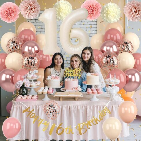 16th Birthday Decorations Retro Blush Pink Sweet 16 Girls Birthday Balloons Happy 16th Banner Cake Toppers Rose Gold Number 1 6 Balloon Pom Poms for 16 Year Old Bday Party Decoration Supplies in Saudi Arabia