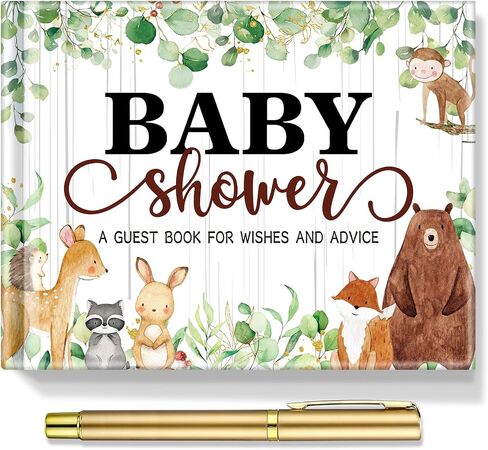 27 Pcs Woodland Animal Baby Shower Guest Book Set Baby Shower Sign in Guest Floral Book Place Table Cards with Gold Pen Adhesive Photo Corner for Birthday Party in Saudi Arabia