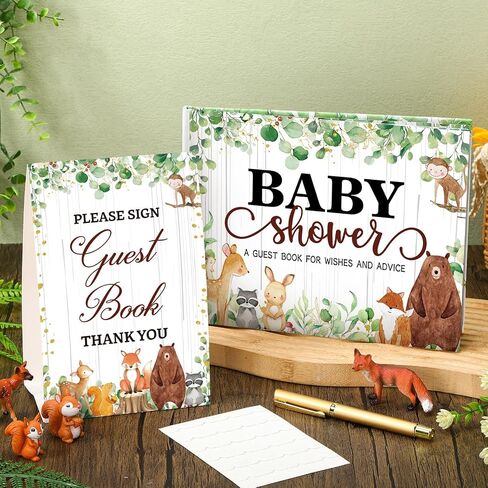 27 Pcs Woodland Animal Baby Shower Guest Book Set Baby Shower Sign in Guest Floral Book Place Table Cards with Gold Pen Adhesive Photo Corner for Birthday Party in Saudi Arabia