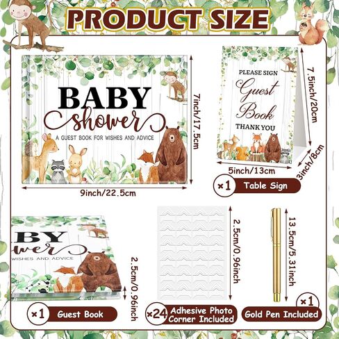 27 Pcs Woodland Animal Baby Shower Guest Book Set Baby Shower Sign in Guest Floral Book Place Table Cards with Gold Pen Adhesive Photo Corner for Birthday Party in Saudi Arabia