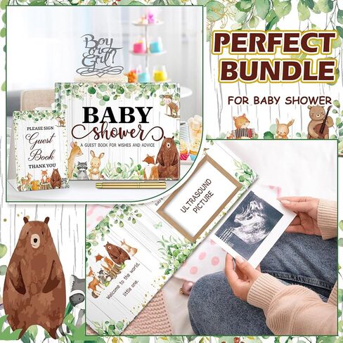 27 Pcs Woodland Animal Baby Shower Guest Book Set Baby Shower Sign in Guest Floral Book Place Table Cards with Gold Pen Adhesive Photo Corner for Birthday Party in Saudi Arabia