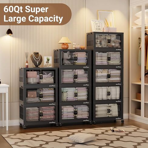 240QT صناديق تخزين قابلة للتكديس مع غطاء ، صناديق درج كبيرة منظمات الخزانة القابلة للطي مع عجلات ، حاويات خزانة بلاستيكية قابلة للطي لتنظيم منزل ملابس ، 3PACK أبيض in Kuwait