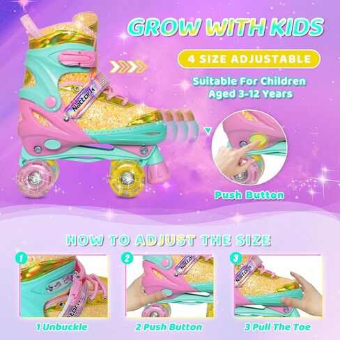 Nattork Kids Roller Skates for Girls Boys Kids, 4 Sizes Adjustable Fluorescent Quad Skates with Light up Wheels & Safety Protection - Cool Birthday Gift for Indoor Outdoor Sports in Saudi Arabia