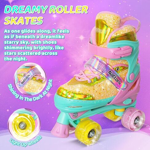 Nattork Kids Roller Skates for Girls Boys Kids, 4 Sizes Adjustable Fluorescent Quad Skates with Light up Wheels & Safety Protection - Cool Birthday Gift for Indoor Outdoor Sports in Saudi Arabia