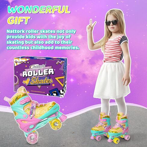 Nattork Kids Roller Skates for Girls Boys Kids, 4 Sizes Adjustable Fluorescent Quad Skates with Light up Wheels & Safety Protection - Cool Birthday Gift for Indoor Outdoor Sports in Saudi Arabia