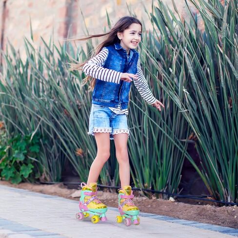 Nattork Kids Roller Skates for Girls Boys Kids, 4 Sizes Adjustable Fluorescent Quad Skates with Light up Wheels & Safety Protection - Cool Birthday Gift for Indoor Outdoor Sports in Saudi Arabia