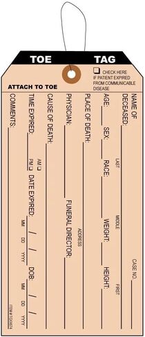 100 Pre-Strung Coroner and Funeral Toe Identification Tags. Morgue Toe Tags are Printer in Black Ink on Manila Card Stock, with Reinforced Eyelet. Tag Size: 5 1/4" x 3 5/8" in Kuwait