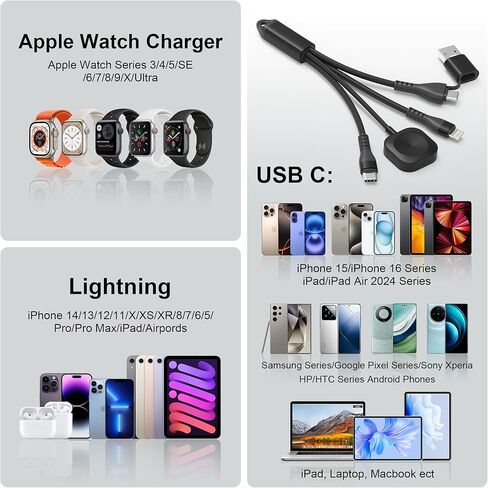 شواحن متعددة 4 في 2 100 واط لساعة سامسونج جالاكسي 6/6 كلاسيك/ 5/5 برو/4/4 كلاسيك/3/أكتيف 2/أكتيف، كابل شحن متعدد 3M/10 قدم لساعة سامسونج جالاكسي/جالاكسي S23/22/ أندرويد/آيفون 15 14/كمبيوتر محمول in Kuwait