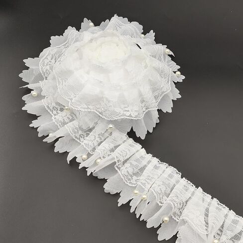 3 Yards White Pleated Lace Chiffon Fabric Elastic Lace Trim for Wedding Bridal Dress Decoration DIY Sewing Clothing Decoration, 2 Inch in Kuwait