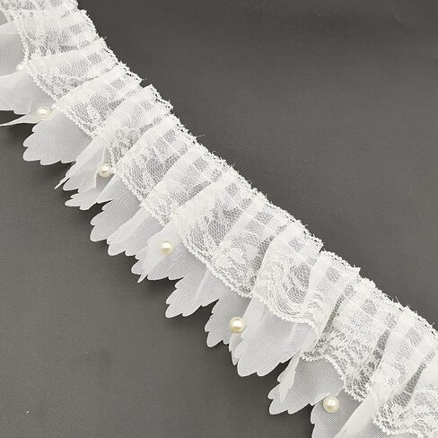 3 Yards White Pleated Lace Chiffon Fabric Elastic Lace Trim for Wedding Bridal Dress Decoration DIY Sewing Clothing Decoration, 2 Inch in Kuwait