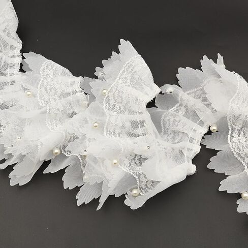 3 Yards White Pleated Lace Chiffon Fabric Elastic Lace Trim for Wedding Bridal Dress Decoration DIY Sewing Clothing Decoration, 2 Inch in Kuwait