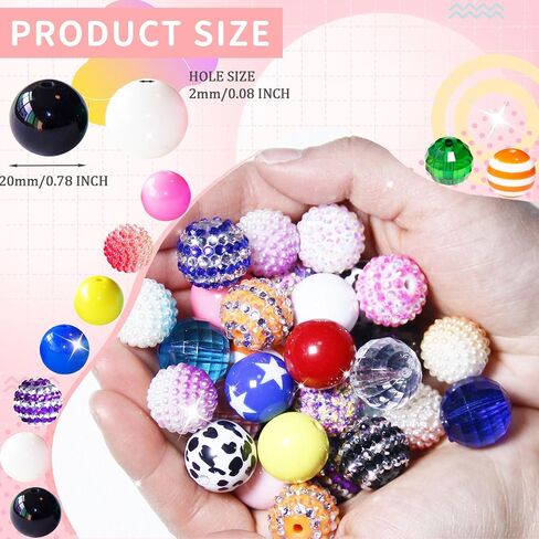 100 Pcs 20mm Beads for Pens Rhinestone Beads Bubblegum Beads Mixed Crystal Acrylic Round Chunky Beads Sparkly Large Beads for Pens Beadable Bracelet Necklace DIY Craft Pen Jewelry Making Supplies in Kuwait
