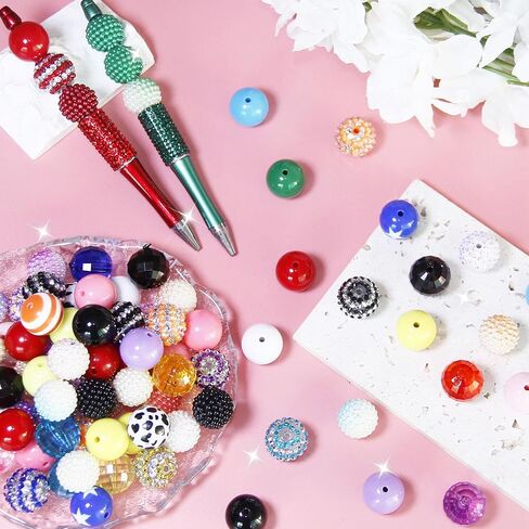 100 Pcs 20mm Beads for Pens Rhinestone Beads Bubblegum Beads Mixed Crystal Acrylic Round Chunky Beads Sparkly Large Beads for Pens Beadable Bracelet Necklace DIY Craft Pen Jewelry Making Supplies in Kuwait