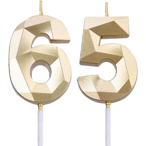2 inch Gold 65 & 56 Birthday Candles, 3D Diamond Number 65th & 56th Cake Topper for Men Women Birthday Party Decorations Theme Party
