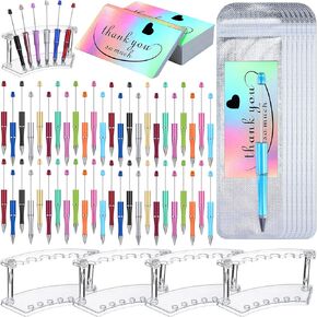 Tenceur 148 Pcs Beadable Pen Set Back to School Gift 48 Pcs Plastic Beadable Pen 48 Resealable Pouch Bag 48 Thank You Cards 4 Pcs Plastic Pen Holder Clear Display Stand for Student(Bright Color)