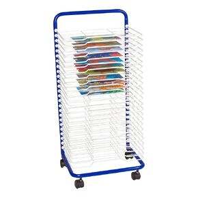 Sprogs 25-Shelf Mobile Art Drying Rack for Classrooms and Art Studios, Heavy-Duty Steel Rolling Art Rack Cart with 25 Shelves, Blue/White