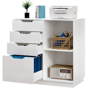 4 Drawers Lateral File Cabinet, Wood Filing Cabinet, Printer Stand with Open Storage Shelves for Home Office, 6 Compartments, Black