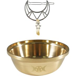 Copper Offering Bowl Pentagram Triple Moon Ornament for Altar Ceremony Ritual Use Decoration and Hollow Moon Citrine Hair Clip with Star Pendant Hair Accessories