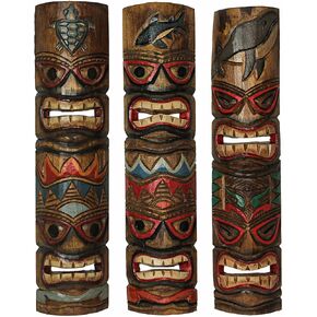 Set of 10 Hand-Carved Tiki Masks - 12-Inch Polynesian Wooden Wall Decor, Artisan-Crafted by Indonesian Masters, Vibrant Island Colors, Versatile Hanging Options, Unique Artistry