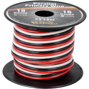 GG Grand General 55302 Parallel Primary 3-Wire 25ft Roll with Spool for trucks, automobile and more –Black, Red & White