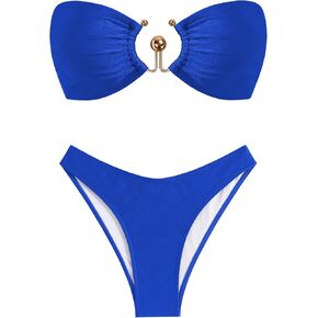 ZAFUL Womens Bandeau Bikini Set Metallic Sparkly O Ring Lace Up High Cut Tanga Sexy Bathing Suit Swimwear in Kuwait