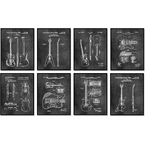 Famous Guitars Wall Art Decor - Set of 8 Unique Cool Patents (8x10) Unframed Musician Gifts for Guitar Players Men and Women, Fathers Music Fans Themed Room Decoration