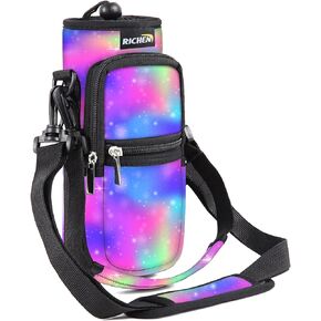 RICHEN Neoprene Water Bottle Carrier Bag 25/32/40/64 oz, Bottle Pouch Holder with Adjustable Padded Shoulder & Handle Strap and Front Pockets for Kids/Men/Women Hiking Travelling Camping