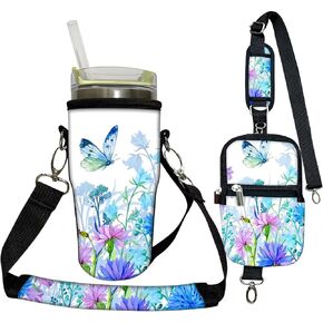AUPET Holder Carrier for Stanley Cup Accessories,Cup Bag with Phone Pouch,Water Bottle Sleeve Sling with Strap for Stanley 20/14 oz Tumbler (Flower Bird, fit for Stanley Tumbler 20oz)