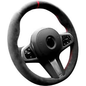 Hand Stitch Sewing Italy Alcantara Car Steering Wheel Cover Wrap for BMW 3 5 7 8Series M2 M3 M4 M5 M6 M7 M8 X3 X4 X5 X6 M X7 Z4Trims (Black Alcantara+Blue Stripe)