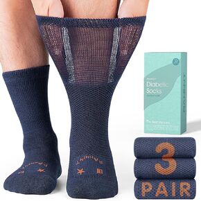 Merino Wool Bamboo Viscose Diabetic Socks for Men, Wide Loose Cushioned Seamless Toe No-Binding Cuff, 3 Pairs