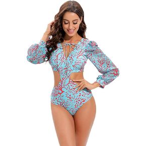 IDOPIP Women's Puff Long Sleeves One Piece Swimsuit Rash Guard Ruffle V-Neck Bathing Suit Beach Cut Out Monokini Swimwear
