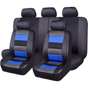 Flying Banner Car Seat Covers Full Set Front Seats and Rear Bench Black Leather and Red Fabric Mesh Cover Breathable Black with Blue Color (Blue)
