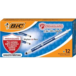 BIC PrevaGuard Clic Stic Ballpoint Pen & Stylus, With Built-in Protection To Suppress Bacteria Growth, Medium Point (1.0mm), Blue, 12-Count