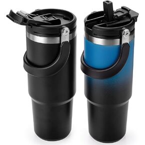 زجاجات مياه سعة 32 أونصة مع ماصة ومقبض كبير، عبوة من قطعتين، مجموعة زجاجات مياه معزولة، غطاء مزدوج الاستخدام، يناسب أي حامل أكواب في السيارة، من الفولاذ المقاوم للصدأ، مقاوم للتسرب لصالة الألعاب الرياضية أثناء السفر، أزرق وأسود متدرج in Kuwait