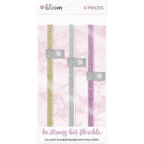 bloom daily planners Elastic Planner Bands with Pen Holder Loop - Set of 3 Stretchy Closure Bands/Bookmarks for Planners, Journals, Notebooks & More - Metallic