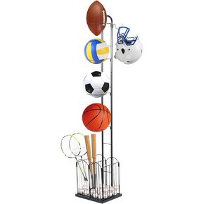 Ball Storage Rack Garage Sports Equipment Organizer Freestanding Sport Equipment Storage, 4 Tiers Basketball Holder with Baskets and Hooks, Black in Kuwait