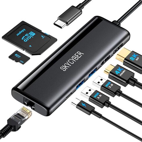 محطة إرساء الكمبيوتر المحمول USB C لشاشات 4K مزدوجة أو مخرج 8K فردي، موزع USB C 8 في 1 مع HDMI PD، إيثرنت، SD/TF، ​​2 منفذ USB، 100 وات PD، محول USB متعدد المنافذ لأجهزة الكمبيوتر المحمول MacBook/Dell/HP/Lenovo in Saudi Arabia
