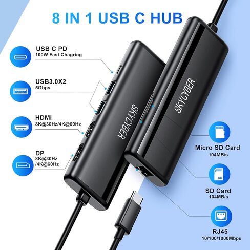 محطة إرساء الكمبيوتر المحمول USB C لشاشات 4K مزدوجة أو مخرج 8K فردي، موزع USB C 8 في 1 مع HDMI PD، إيثرنت، SD/TF، ​​2 منفذ USB، 100 وات PD، محول USB متعدد المنافذ لأجهزة الكمبيوتر المحمول MacBook/Dell/HP/Lenovo in Saudi Arabia