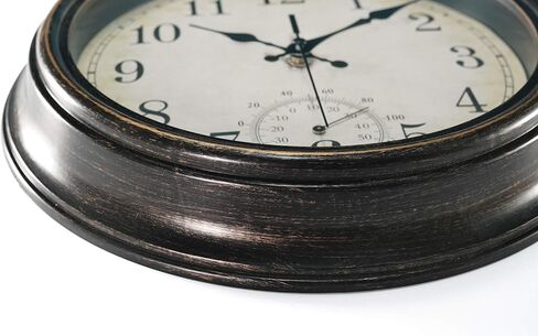 ساعة حائط داخلية وخارجية 12 بوصة مع ميزان حرارة، ساعة مقاومة للماء تعمل بالبطارية، برونزي in Kuwait