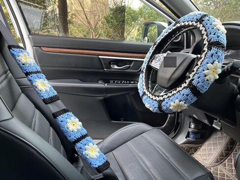 Crochet Daisy Steering Wheel Cover, Handmade Steering Wheel Cover for Women,Cute Steering Wheel Cover,Car Accessories (Black Steering Wheel Cover) in Kuwait