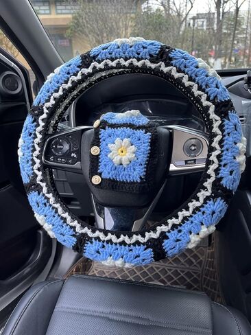 Crochet Daisy Steering Wheel Cover, Handmade Steering Wheel Cover for Women,Cute Steering Wheel Cover,Car Accessories (Black Steering Wheel Cover) in Kuwait