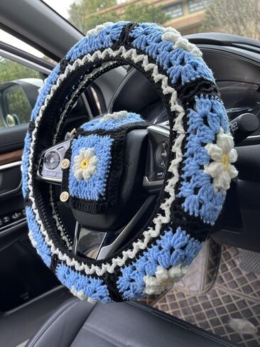 Crochet Daisy Steering Wheel Cover, Handmade Steering Wheel Cover for Women,Cute Steering Wheel Cover,Car Accessories (Black Steering Wheel Cover) in Kuwait