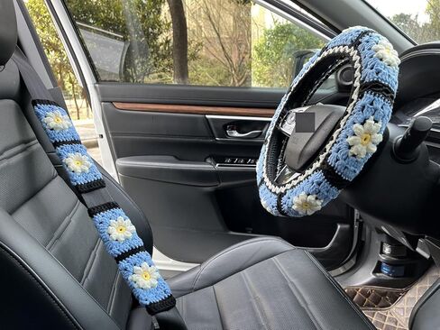 Crochet Daisy Steering Wheel Cover, Handmade Steering Wheel Cover for Women,Cute Steering Wheel Cover,Car Accessories (Black Steering Wheel Cover) in Kuwait