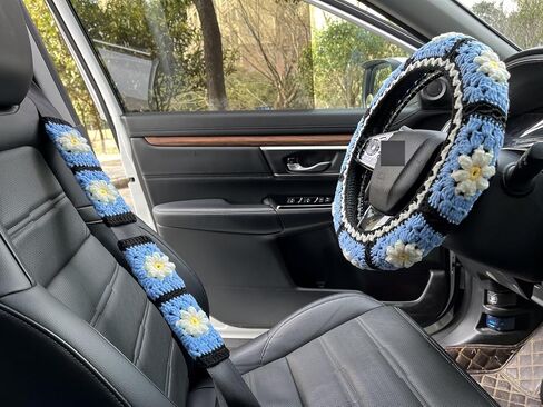 Crochet Daisy Steering Wheel Cover, Handmade Steering Wheel Cover for Women,Cute Steering Wheel Cover,Car Accessories (Black Steering Wheel Cover) in Kuwait