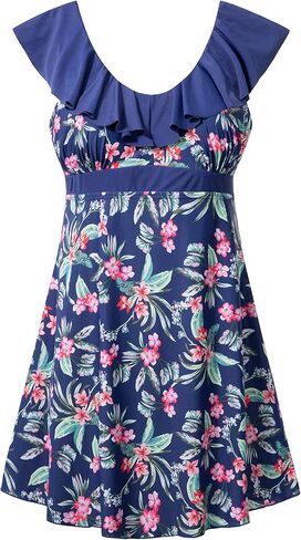wantdo Women's One Piece Plus Size Swimsuit Tummy Control Recycled Ruffle Swimdress Bathing Suit with Swim Shorts in Saudi Arabia