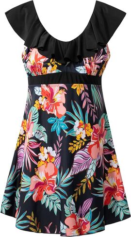 wantdo Women's One Piece Plus Size Swimsuit Tummy Control Recycled Ruffle Swimdress Bathing Suit with Swim Shorts in Saudi Arabia